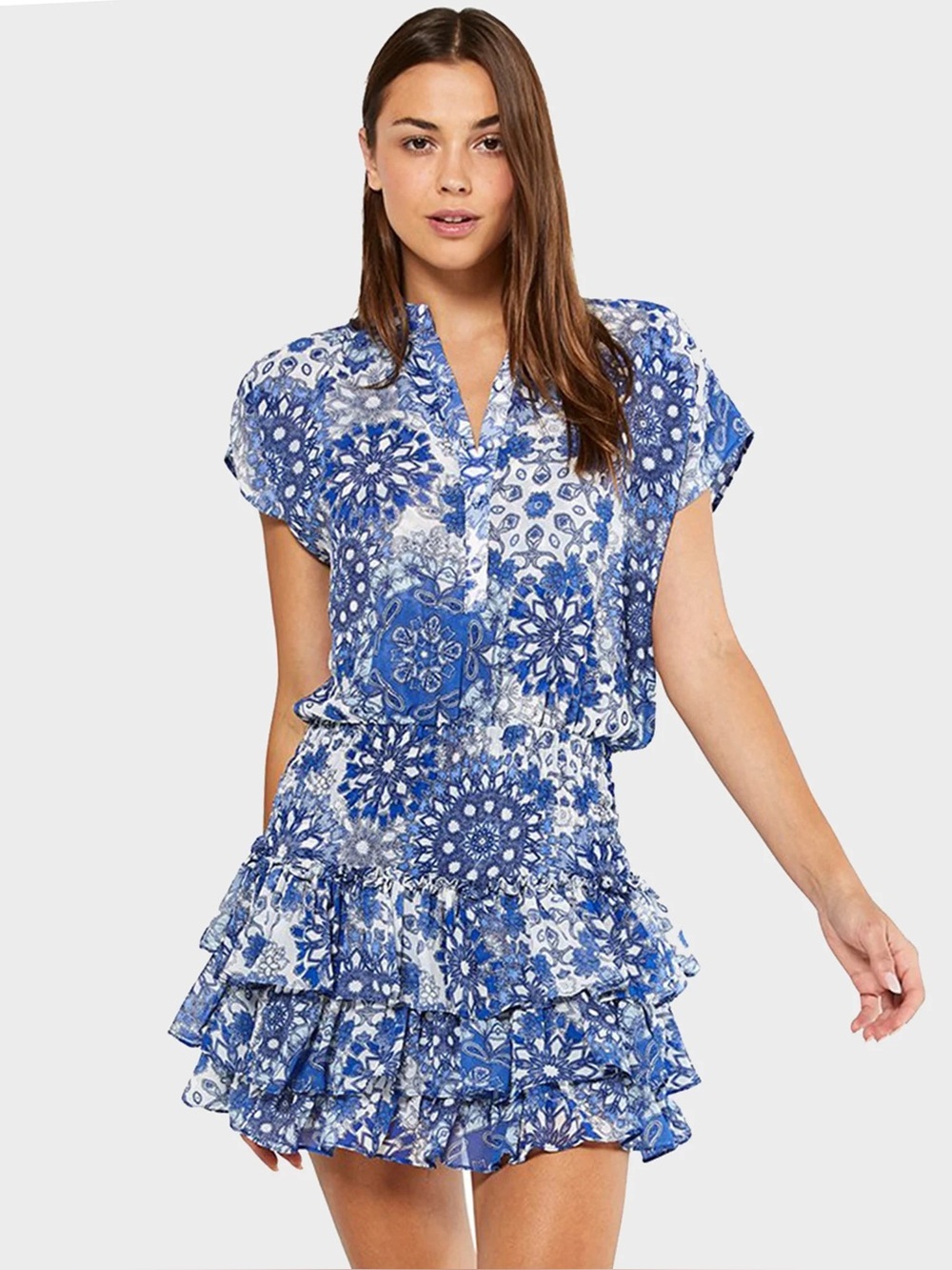 MISA Los Angeles Eloisa Blue Print Smocked Tiered Mini Dress Size M Revolve